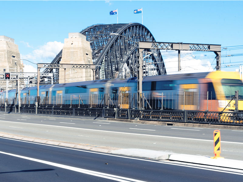 Train moving across the Harbour Bridge in Sydney