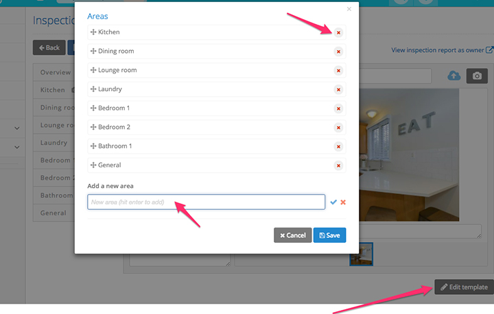 PropertyMe Inspections Customise Areas