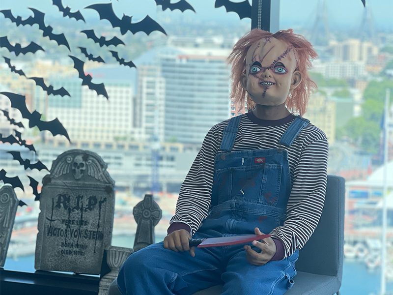 man dressed up chucky for halloween
