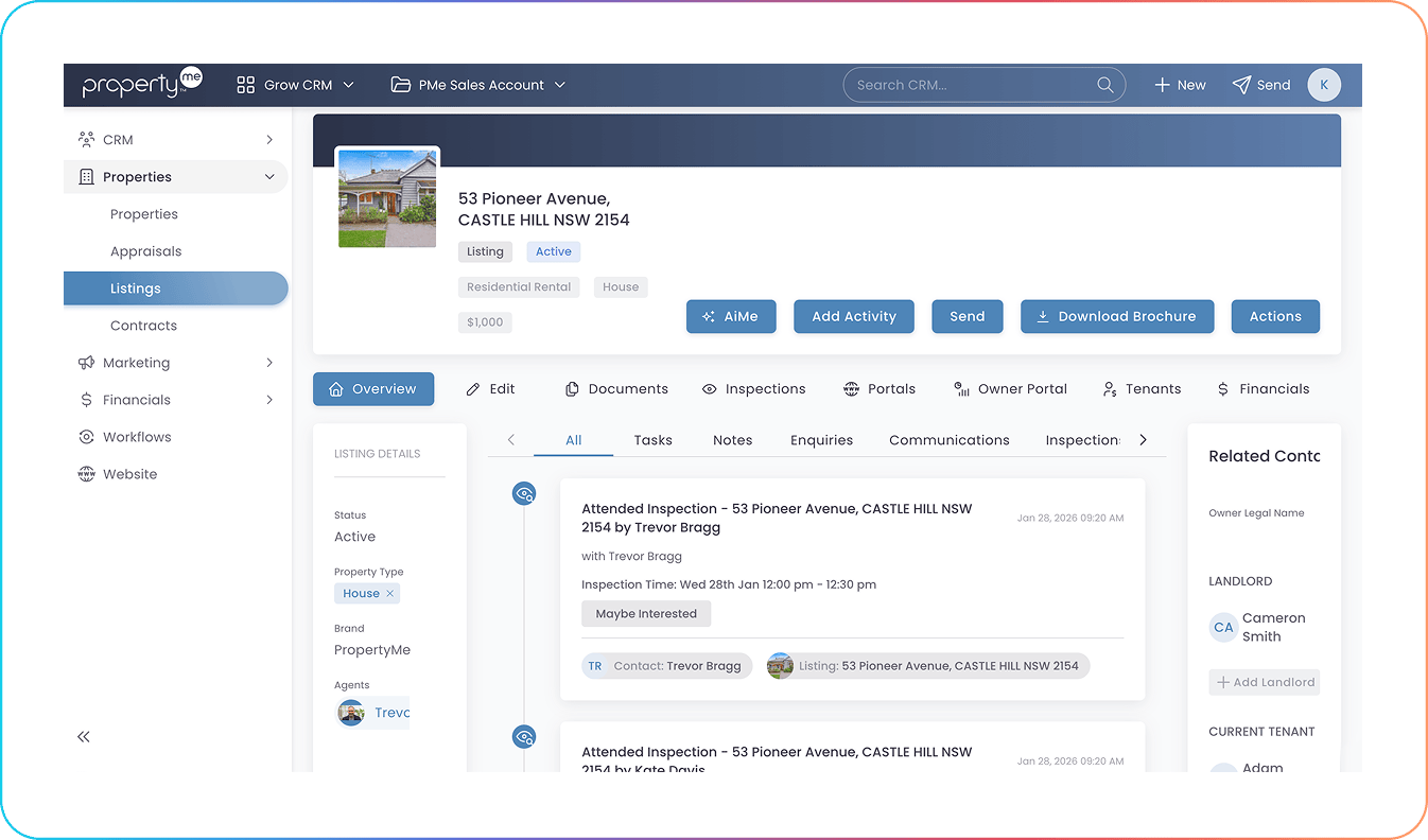 PropertyMe CRM dashboard