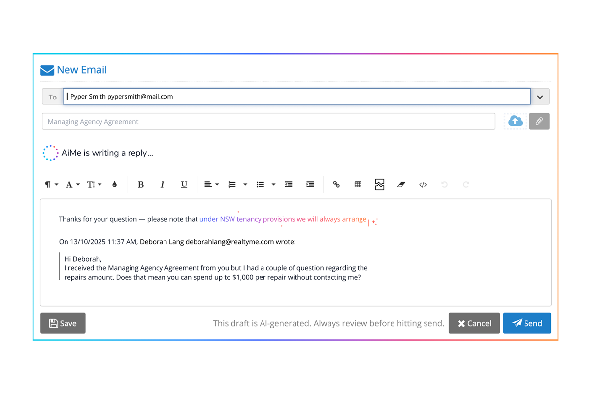 Reply with AiMe email assistant interface