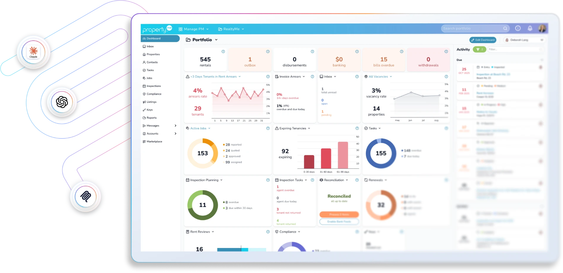 PropertyMe portfolio dashboard with Claude, ChatGPT and other AI assistants connecting to it