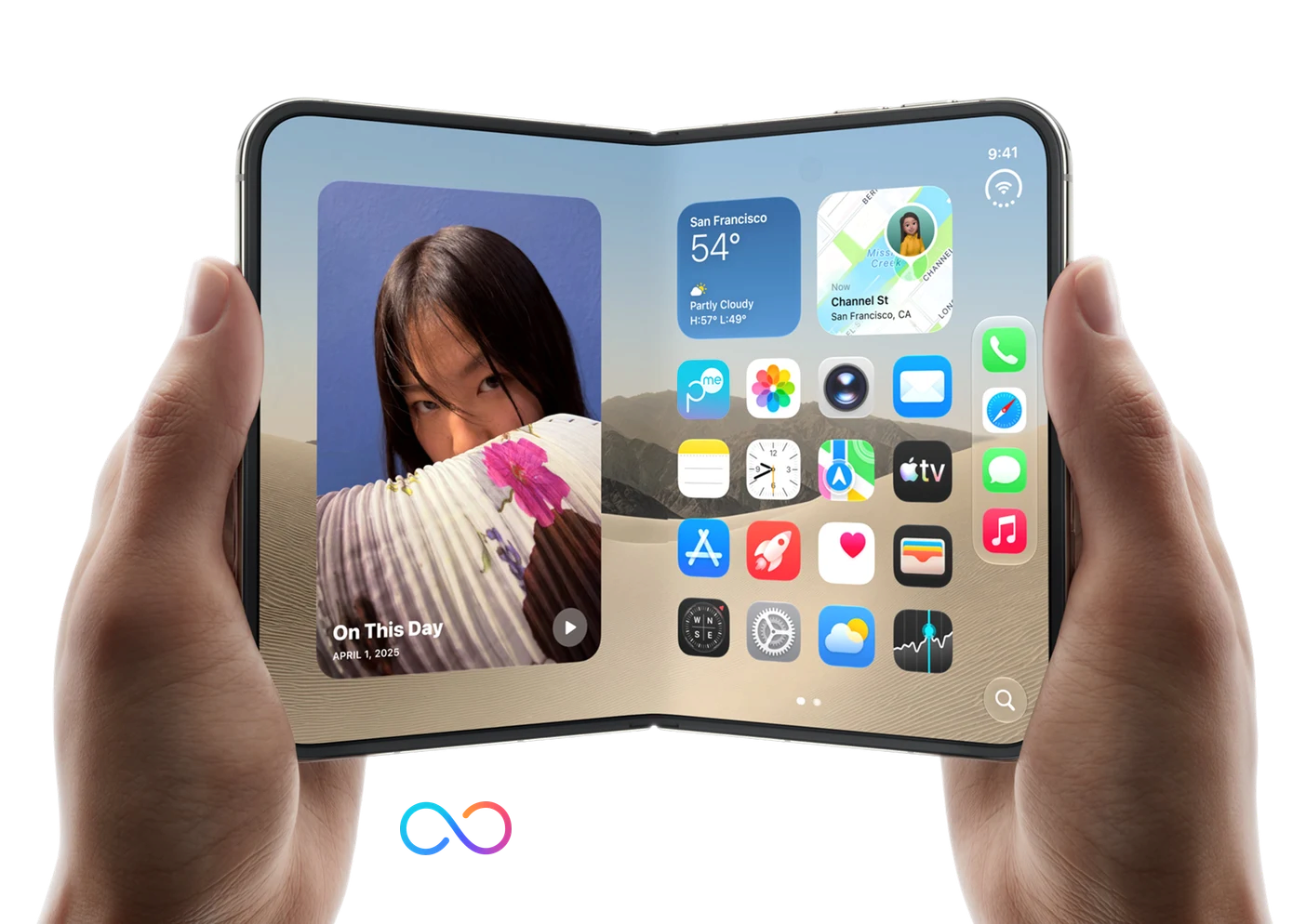 Hands holding a foldable phone with the AiMe and PropertyMe logos beneath