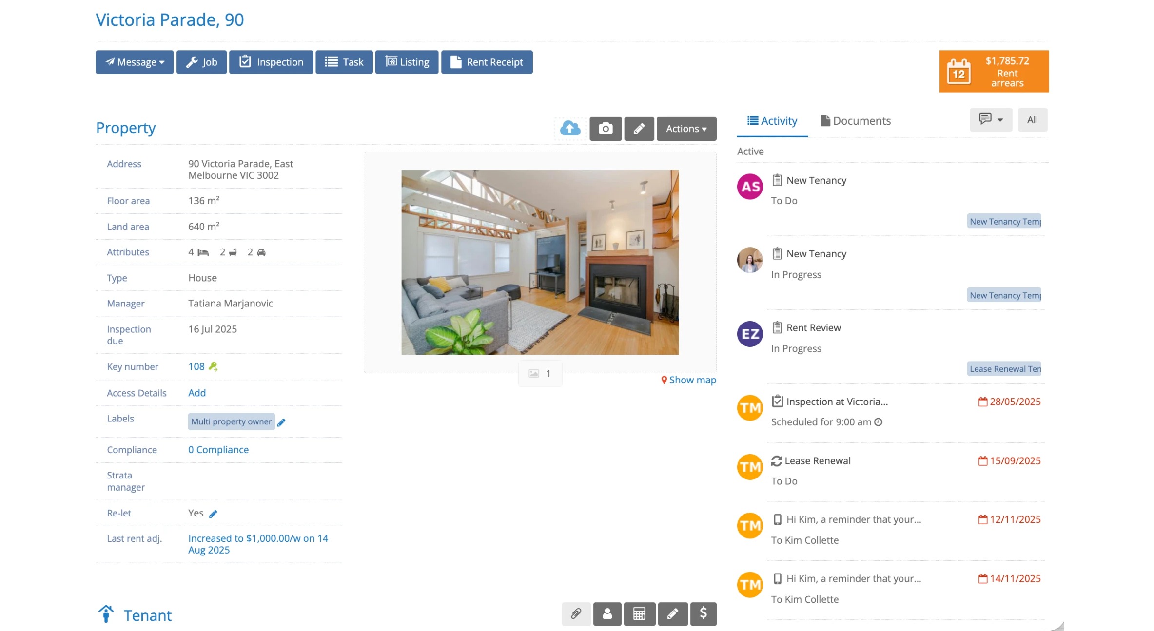 Property page with a rent arrears badge and activity feed