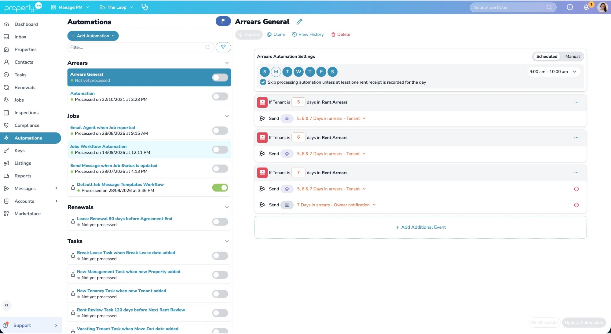 Arrears automation settings with scheduled follow-up messages by days in arrears