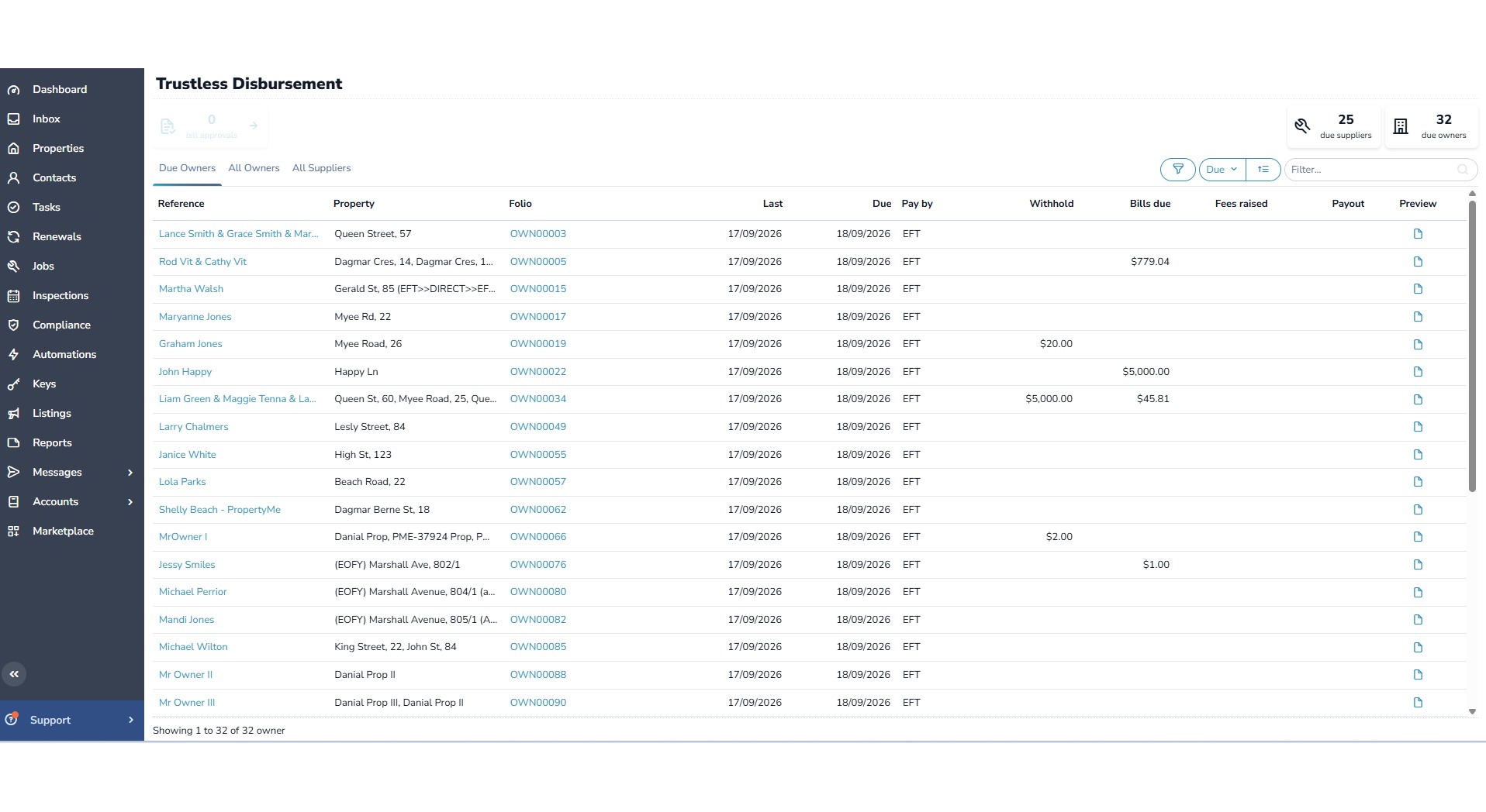 Trustless Disbursement list showing owners due for payout
