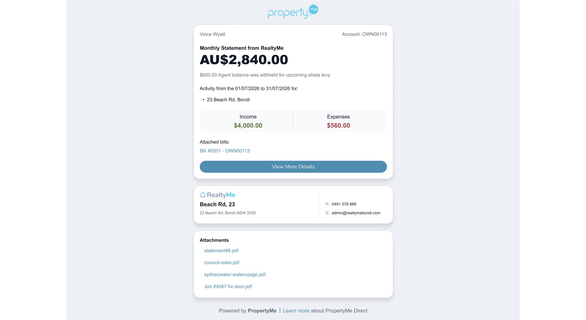 Owner monthly statement email with income, expenses and attachments
